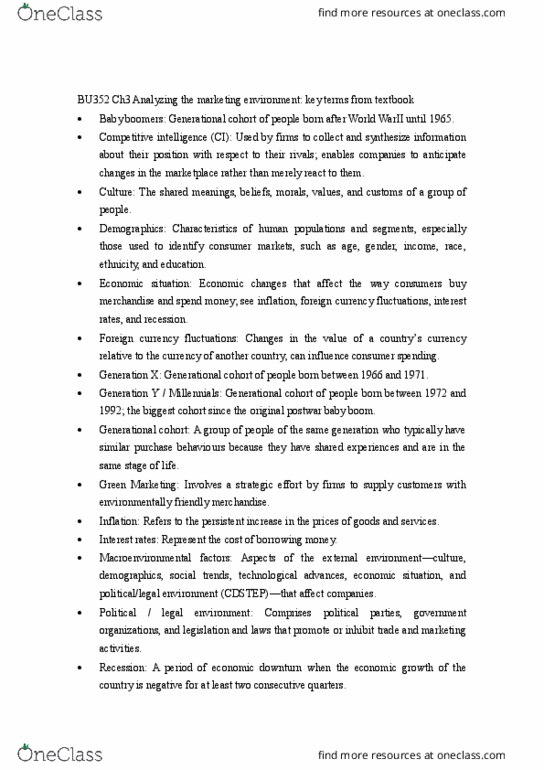 BU352 Chapter Notes - Chapter 3: Baby Boomers, Competitive Intelligence, Millennials thumbnail