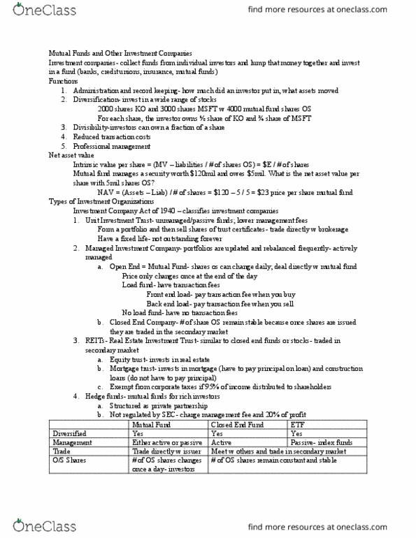 FIN 332 Lecture Notes - Lecture 4: Investment Company, Mutual Fund, Index Fund thumbnail