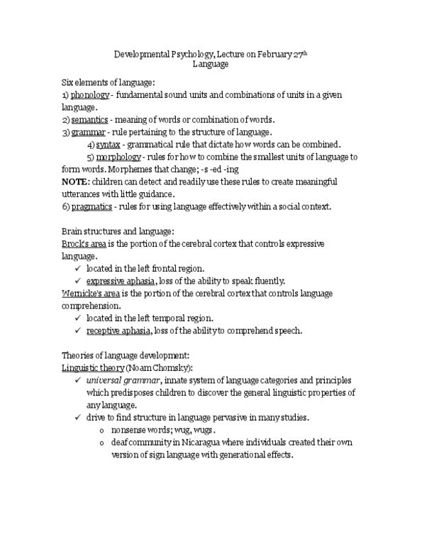 PSYCH 350 Lecture Notes - Noam Chomsky, Receptive Aphasia, Cerebral Cortex thumbnail