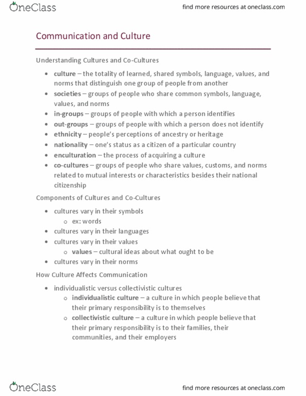 COMM 103 Lecture Notes - Lecture 6: Collectivism, Enculturation, Ethnocentrism thumbnail