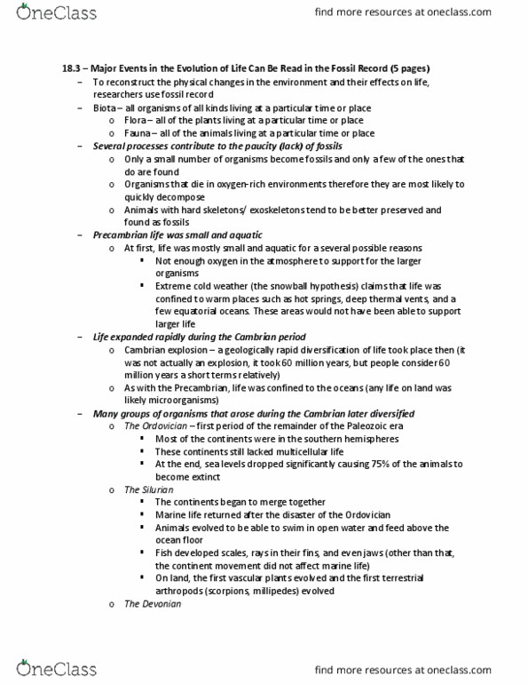 BIO 111 Chapter Notes - Chapter 18, 41: Cambrian Explosion, Ordovician, Devonian thumbnail