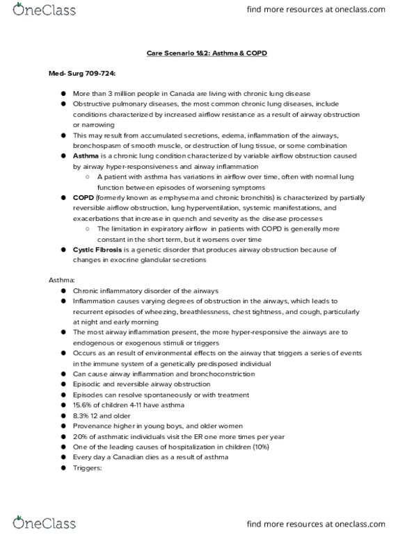 NURSING 2NN3 Lecture Notes - Lecture 1: Chronic Obstructive Pulmonary Disease, Cystic Fibrosis, Asthma thumbnail