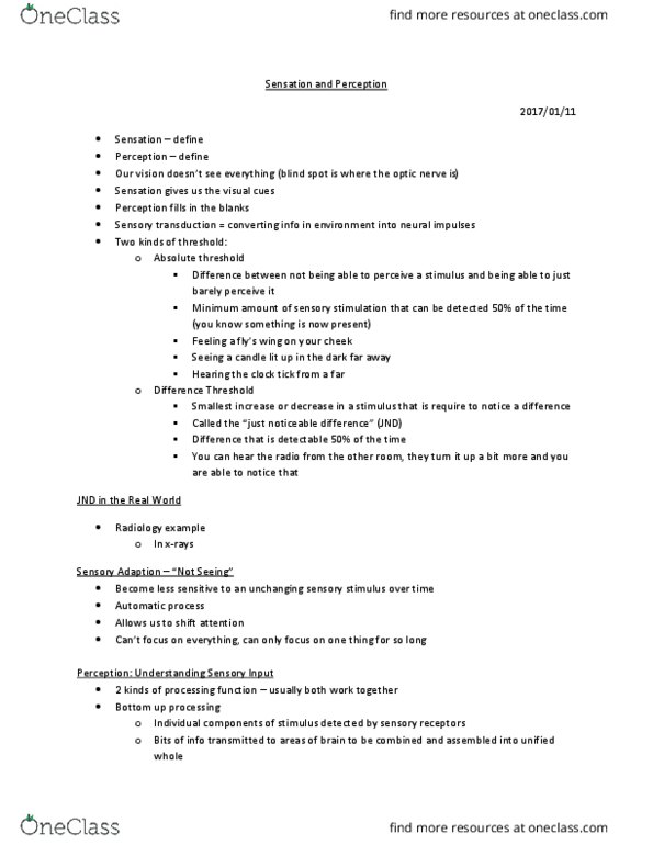 PS102 Lecture Notes - Lecture 3: Absolute Threshold, Radiography, Additive Color thumbnail