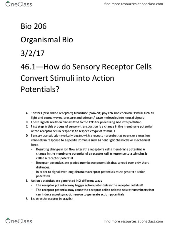 BIOL 206 Chapter Notes - Chapter 46: Stretch Receptor, Membrane Potential, Cell Membrane thumbnail