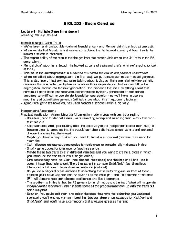 BIOL 202 Lecture Notes - Lecture 4: Phytophthora Infestans, Pea, Dihybrid Cross thumbnail