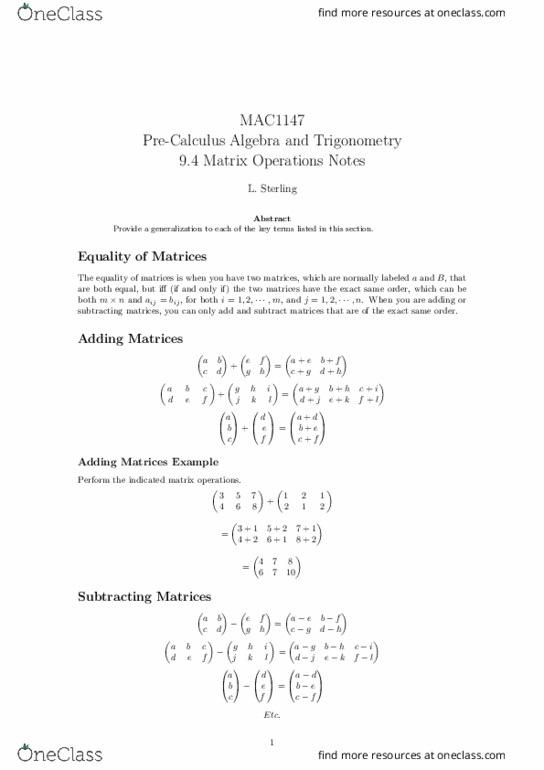 MAC1147 Lecture Notes - Lecture 20: Matrix Multiplication, Scalar Multiplication thumbnail