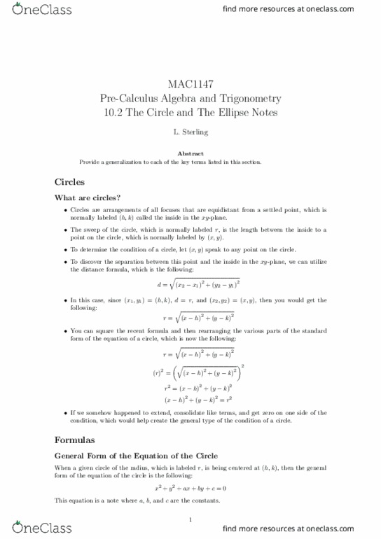 MAC1147 Lecture Notes - Lecture 23: Ellipse, Unit Circle, Quadratic Equation thumbnail