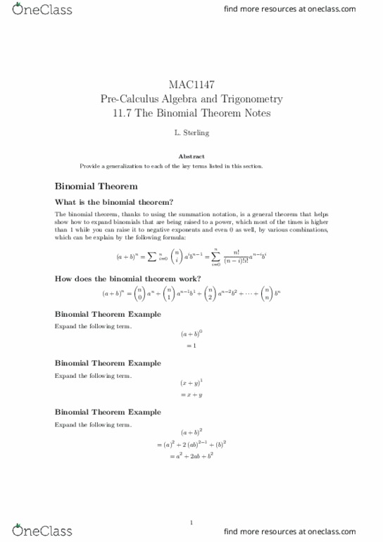 MAC1147 Lecture Notes - Lecture 30: Binomial Theorem, Royal Institute Of Technology thumbnail