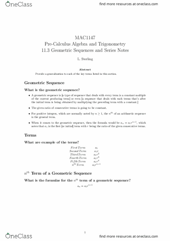 MAC1147 Lecture Notes - Lecture 28: Geometric Progression, Arithmetic Progression thumbnail