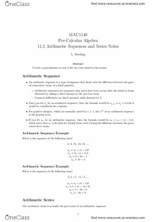 MAC1140 Lecture Notes - Lecture 27: Arithmetic Progression thumbnail