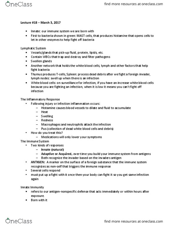 KINE 1020 Lecture Notes - Lecture 18: Mast Cell, Immune System, Histamine thumbnail