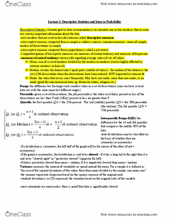 HTHSCI 2S03 Lecture Notes - Lecture 2: Descriptive Statistics, Squared Deviations From The Mean, Quartile thumbnail