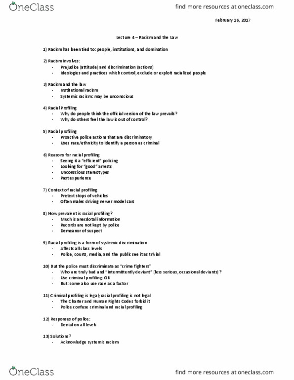 SOC 3490 Lecture Notes - Lecture 4: Offender Profiling, Experience 7, Institutional Racism thumbnail