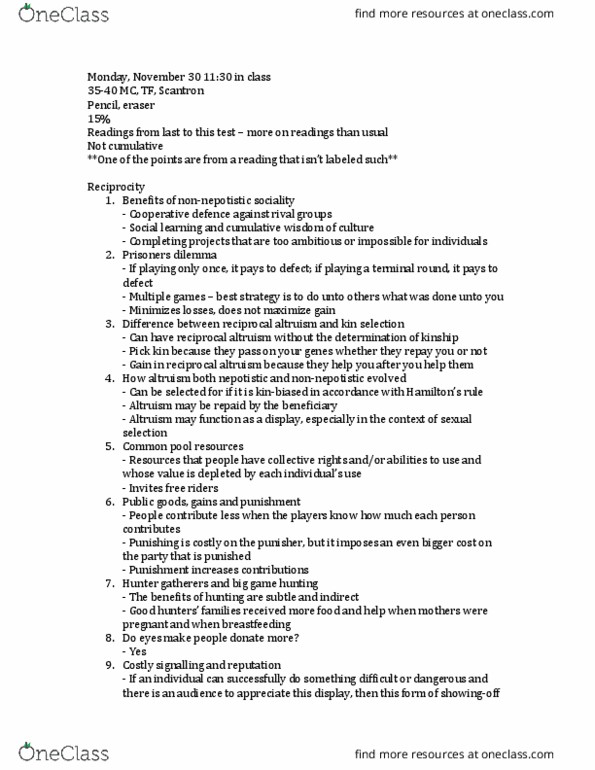 PSYCH 3F03 Lecture Notes - Lecture 1: Reciprocal Altruism, Nepotism, Scantron Corporation thumbnail