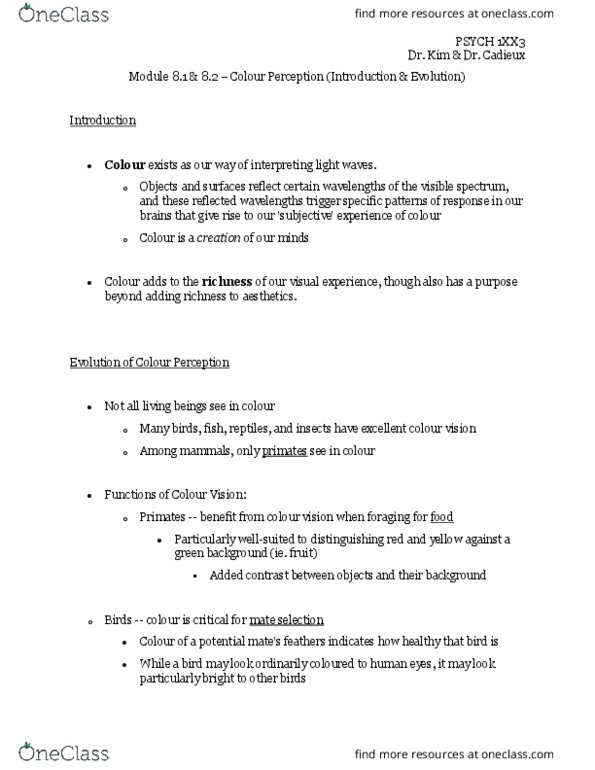 PSYCH 1XX3 Chapter Notes - Chapter 8.1-8.2: Color Vision thumbnail