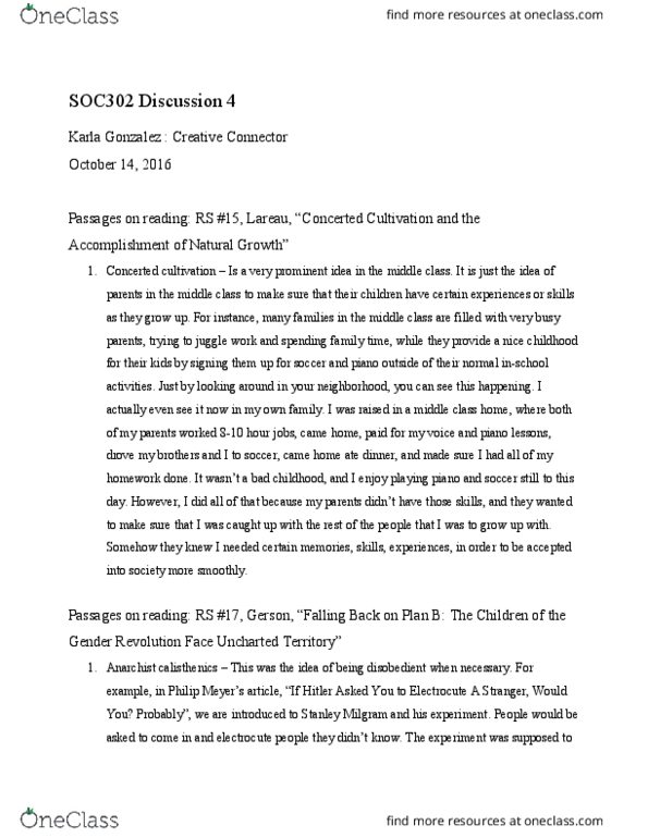 SOC 302 Lecture Notes - Lecture 4: Concerted Cultivation, Stanley Milgram, Calisthenics thumbnail