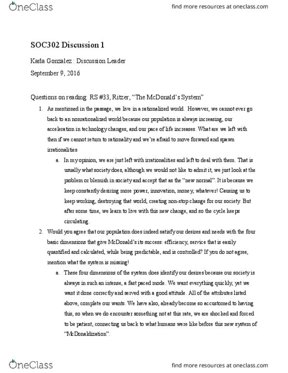 SOC 302 Lecture Notes - Lecture 1: Homeostasis, Mcdonaldization, Georg Simmel thumbnail