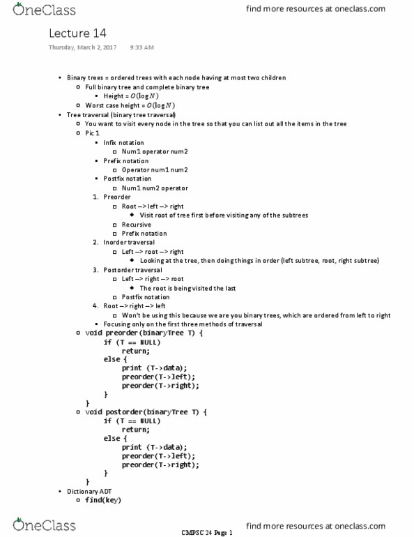 CMPSC 24 Lecture Notes - Lecture 14: Reverse Polish Notation, Tree Traversal, Preorder thumbnail