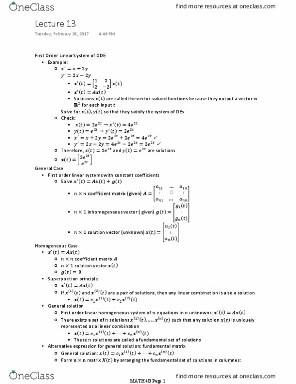 MATH 4B Lecture Notes - Lecture 13: Coefficient Matrix, Linear Combination, Row And Column Vectors thumbnail