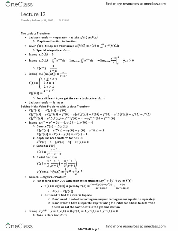 MATH 4B Lecture Notes - Lecture 12: Integral Transform, Step Function, Partial Fraction Decomposition thumbnail