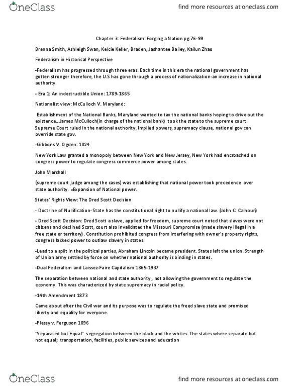 Political Science POLS-Y 103 Chapter Notes - Chapter 3: Supremacy Clause, Missouri Compromise, Fourteenth Amendment To The United States Constitution thumbnail