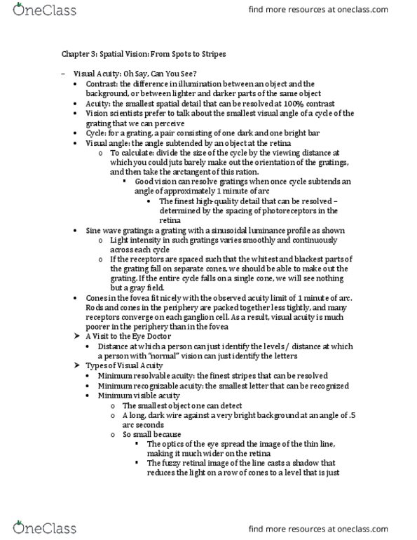 PSYC310 Chapter Notes - Chapter 3: Lateral Geniculate Nucleus, Visual Cortex, Visual Acuity thumbnail