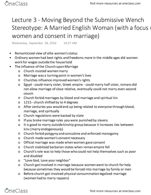 History 2149A/B Lecture 3: Lecture 3 - Moving Beyond the Submissive Wench Stereotype A Married English Woman (with a focus upon women and consent in marriage) thumbnail