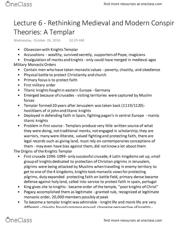 History 2149A/B Lecture 6: Lecture 6 - Rethinking Medieval and Modern Conspiracy Theories A Templar thumbnail