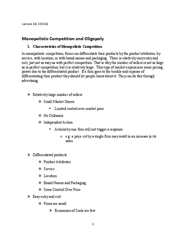 ECN 104 Lecture Notes - Lecture 12: Herfindahl Index, Monopolistic Competition, Profit Maximization thumbnail