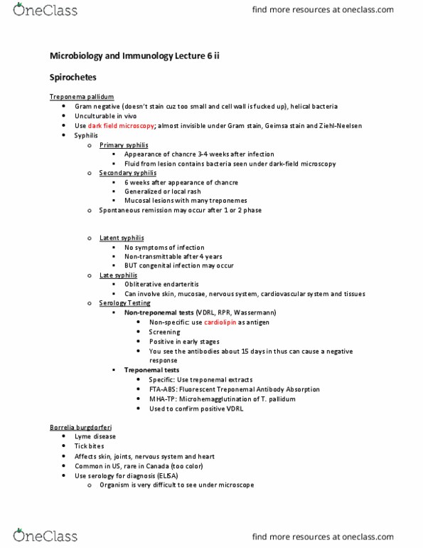 HSS 1100 Lecture Notes - Lecture 8: Dark Field Microscopy, Treponema Pallidum, Venereal Disease Research Laboratory Test thumbnail