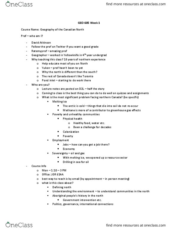 GEO 605 Lecture Notes - Lecture 1: Northern Ontario, North Ice, Northern Canada thumbnail