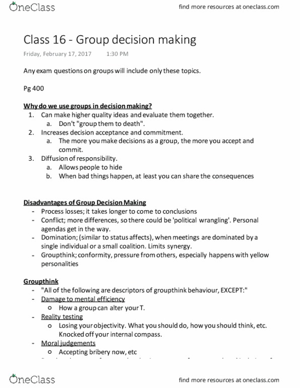 COMMERCE 1BA3 Lecture Notes - Lecture 16: Group Decision-Making, Group Polarization, Groupthink thumbnail
