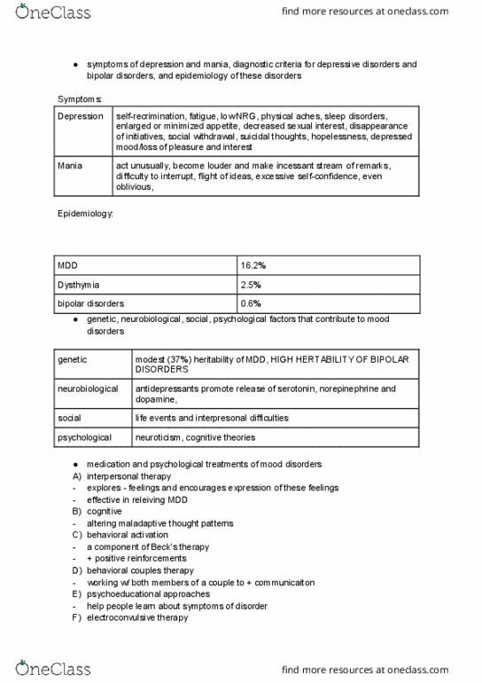 PSYCH 270 Chapter Notes - Chapter 5: Interpersonal Psychotherapy, Behavioral Activation, Mania thumbnail