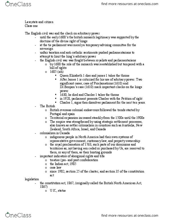 LAWS 2502 Lecture Notes - Lecture 1: English Civil War, Constitution Act, 1982, Canada Act 1982 thumbnail