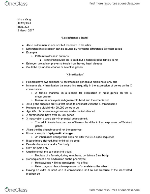 BIOL 303 Lecture Notes - Lecture 16: Xist (Gene), X-Inactivation, Barr Body thumbnail