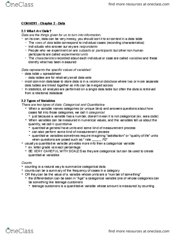 COMM 291 Chapter Notes - Chapter 2: Categorical Variable, International Standard Book Number, Time Point thumbnail