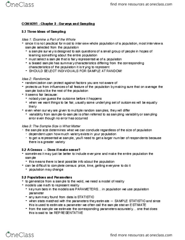 COMM 291 Chapter Notes - Chapter 3: Statistical Parameter, Sampling Bias, Stratified Sampling thumbnail