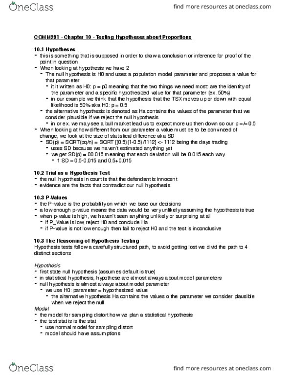 COMM 291 Chapter Notes - Chapter 10: Null Hypothesis, Market Trend, Statistical Significance thumbnail