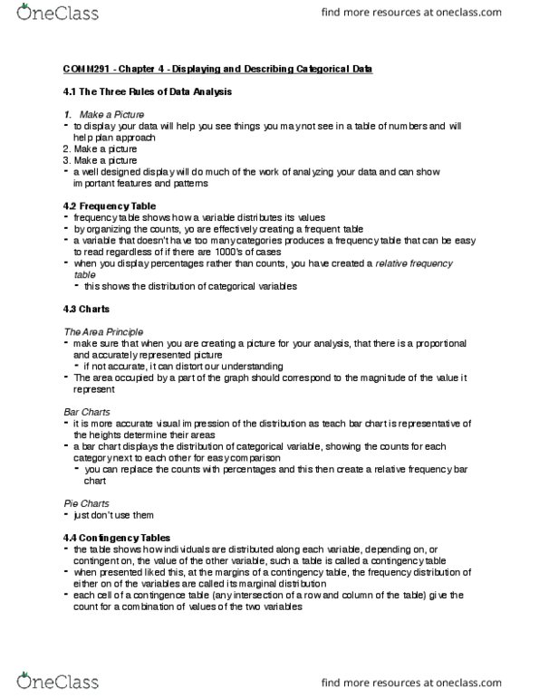 COMM 291 Chapter Notes - Chapter 4: Contingency Table, Bar Chart, Frequency Distribution thumbnail