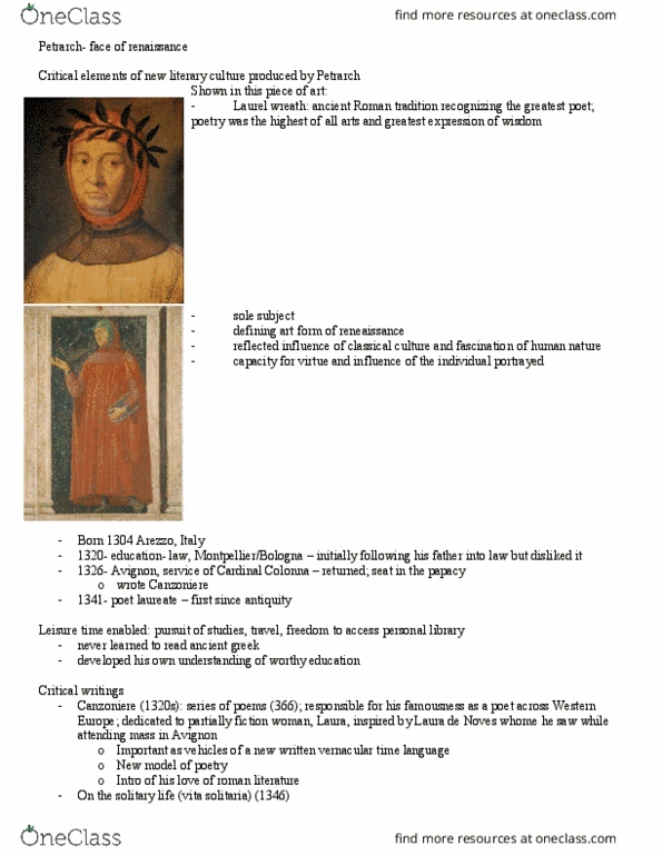 HISTORY 3H03 Lecture Notes - Lecture 1: Laura De Noves, Laurel Wreath, Il Canzoniere thumbnail