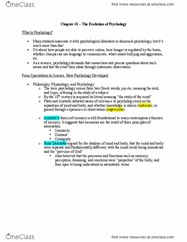 PSY100Y5 Chapter 1: Chapter #1 (The Evolution of Psychology) thumbnail