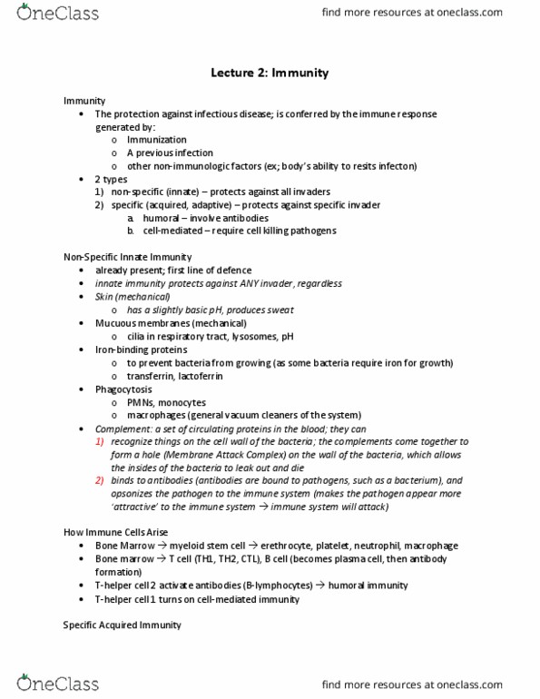 HSS 1100 Lecture Notes - Lecture 2: Humoral Immunity, Bone Marrow, Lactoferrin thumbnail
