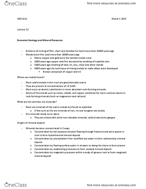 GEO 1111 Lecture Notes - Lecture 12: Ore, Igneous Rock, Native Copper thumbnail