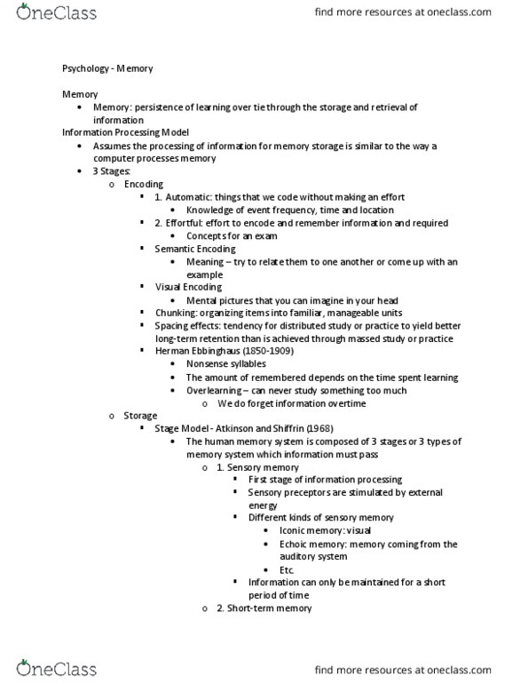 PSY 100 Lecture Notes - Lecture 5: Hermann Ebbinghaus, Echoic Memory, Iconic Memory thumbnail