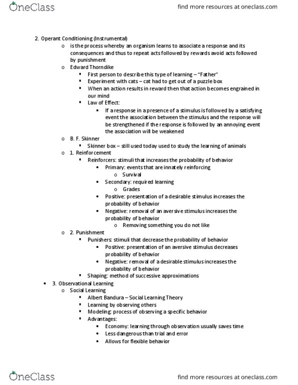 PSY 100 Lecture Notes - Lecture 4: Edward Thorndike, Operant Conditioning Chamber, Operant Conditioning thumbnail