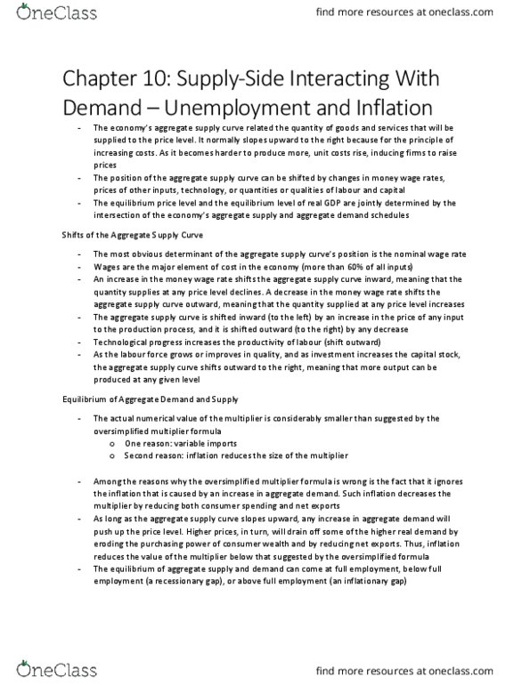 ECO 1302 Chapter Notes - Chapter 10: Aggregate Supply, Output Gap, Aggregate Demand thumbnail