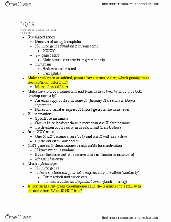 BIOL 110 Lecture Notes - Lecture 3: Ectodermal Dysplasia, Xist (Gene), Barr Body thumbnail