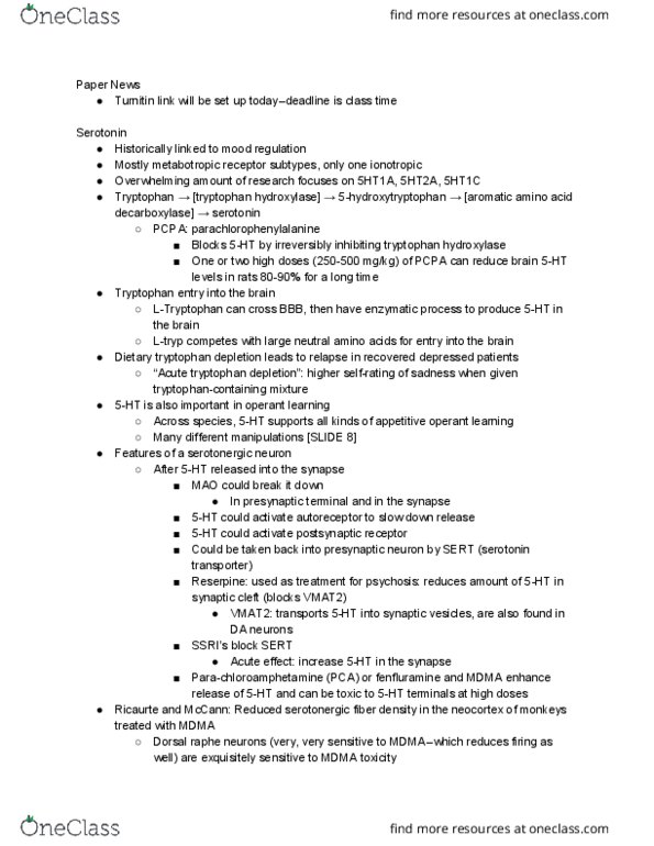 PSYCH 119A Lecture Notes - Lecture 11: Tryptophan Hydroxylase, Vesicular Monoamine Transporter 2, Metabotropic Receptor thumbnail