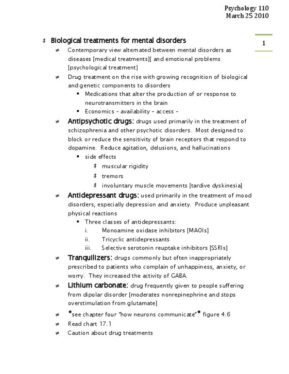 PSY 120 Lecture Notes - Tricyclic Antidepressant, Chorea, Electroconvulsive Therapy thumbnail