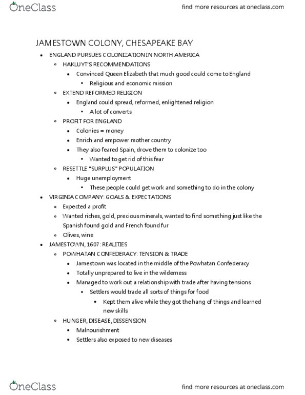 HIS 315K Lecture Notes - Lecture 4: Powhatan, Cash Crop, Starving Time thumbnail